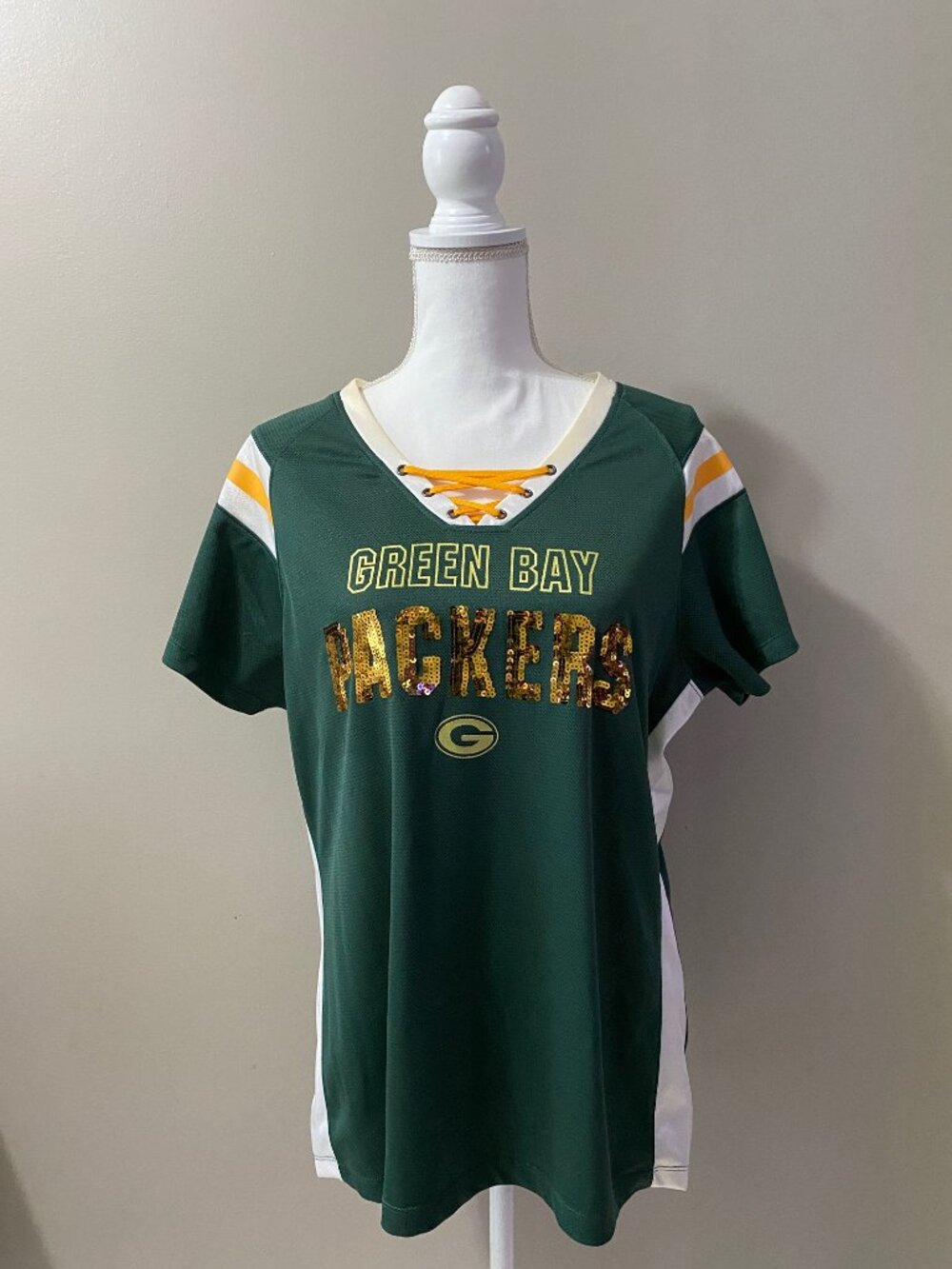 Green Bay Packers NFL Team Apparel Sequin Lace-Up V-Neck Shirt XL